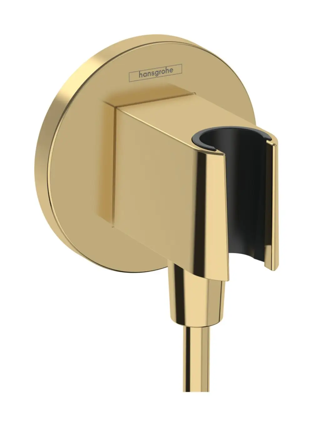Wandanschluss mit Brausehalter in goldener Optik von Hansgrohe. Das Produkt zeigt eine runde Wandplatte und eine Halterung für eine Duschbrause.